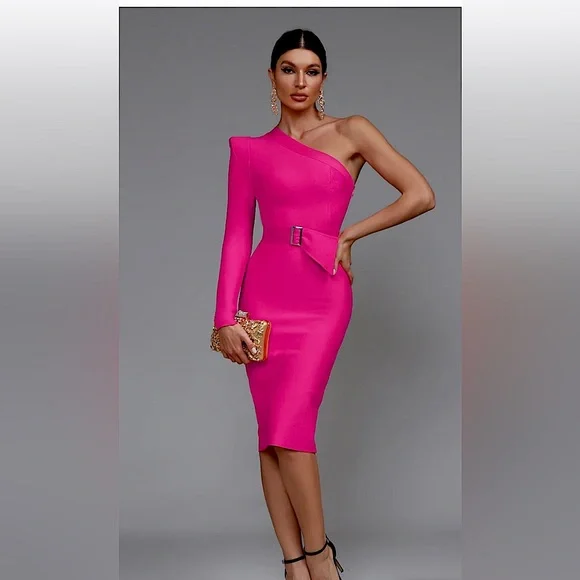 strapless open back dress Neon Pink One Shoulder Midi Bandage Dress – Wear.Style